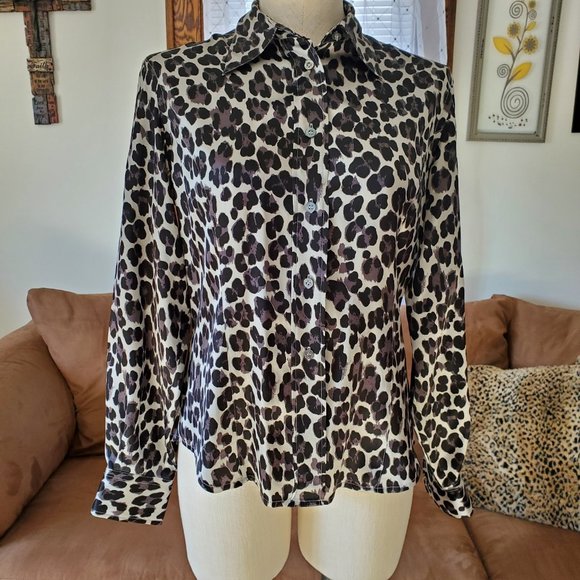 Votre Nom Silk Blouse S Leopard Print Foldup Cuffs - Picture 1 of 5